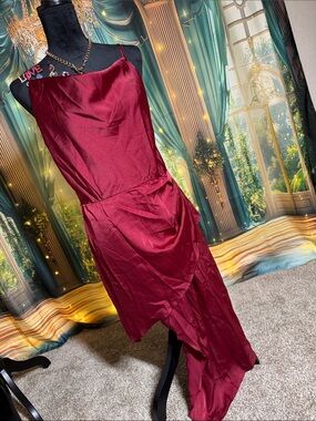Fashion Elegant Burgundy Scooped Neck Asymmetrical Slip Dress Large